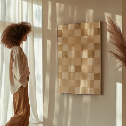 Checkered Canvas Art: Minimalist Beige and White Wall Print