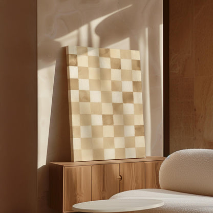Checkered Canvas Art: Minimalist Beige and White Wall Print