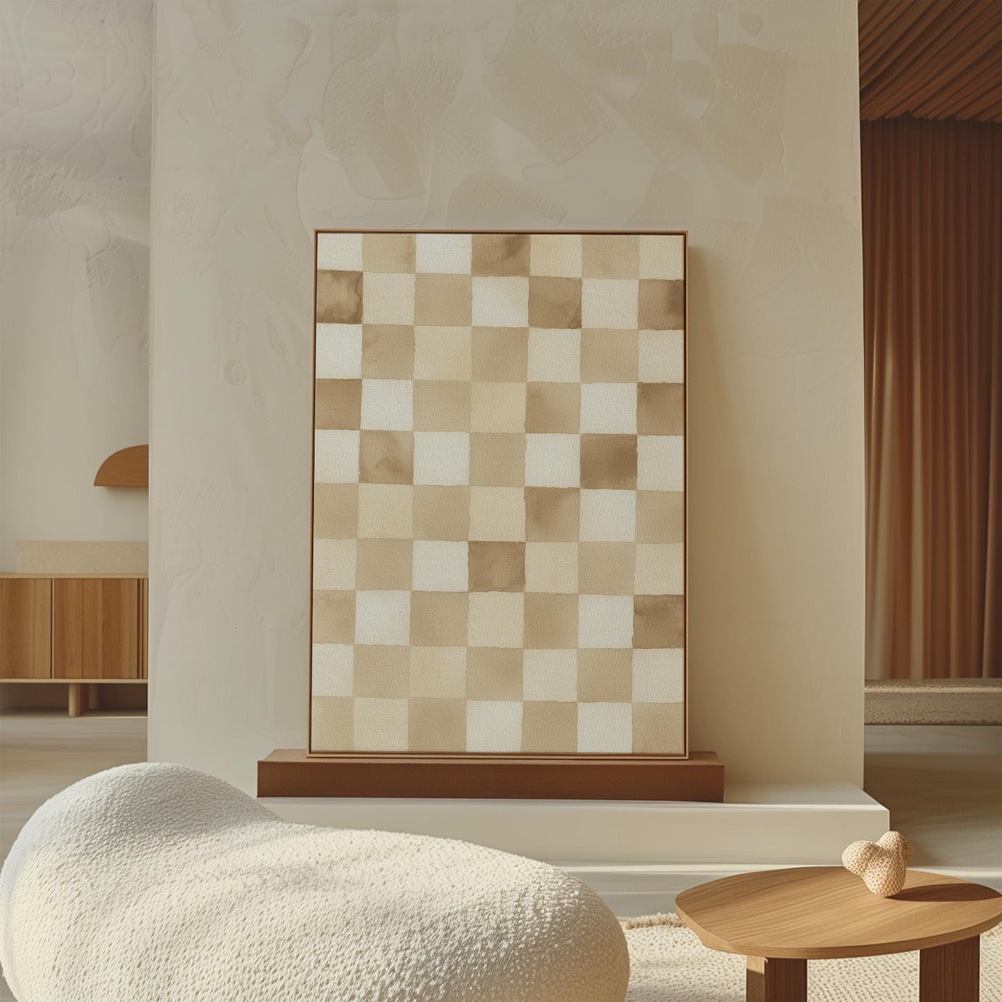 Checkered Canvas Art: Minimalist Beige and White Wall Print