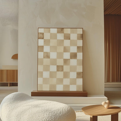Checkered Canvas Art: Minimalist Beige and White Wall Print