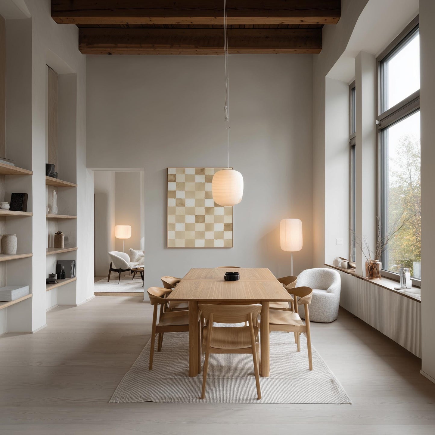 Checkered Canvas Art: Minimalist Beige and White Wall Print