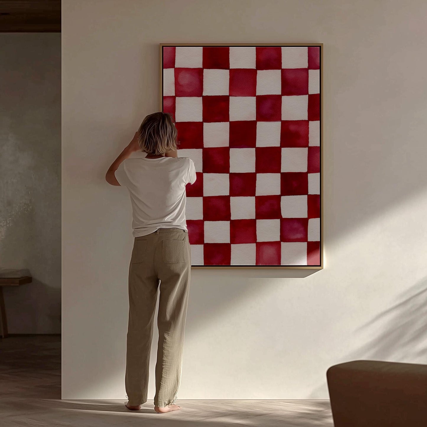 Ruby and White Checkered Canvas Art - Modern Minimalist Decor