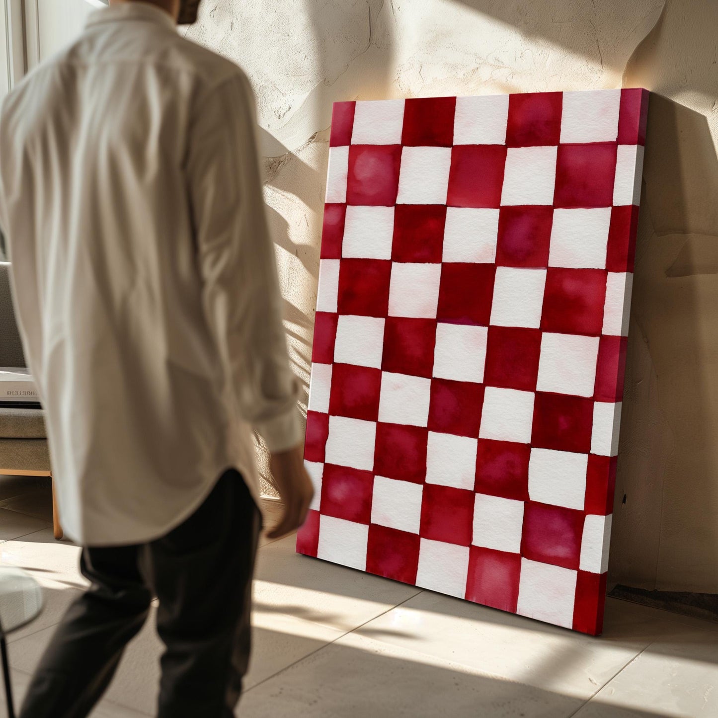 Ruby and White Checkered Canvas Art - Modern Minimalist Decor