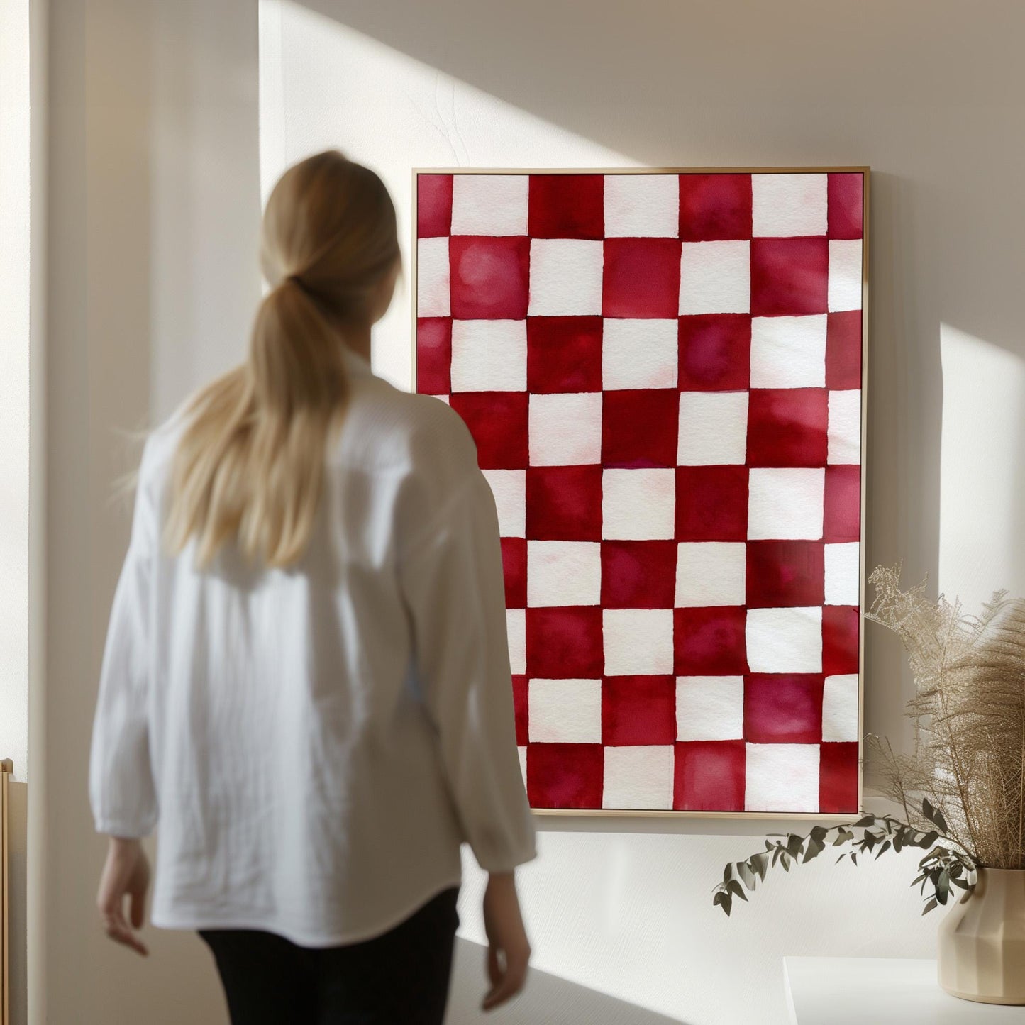 Ruby and White Checkered Canvas Art - Modern Minimalist Decor