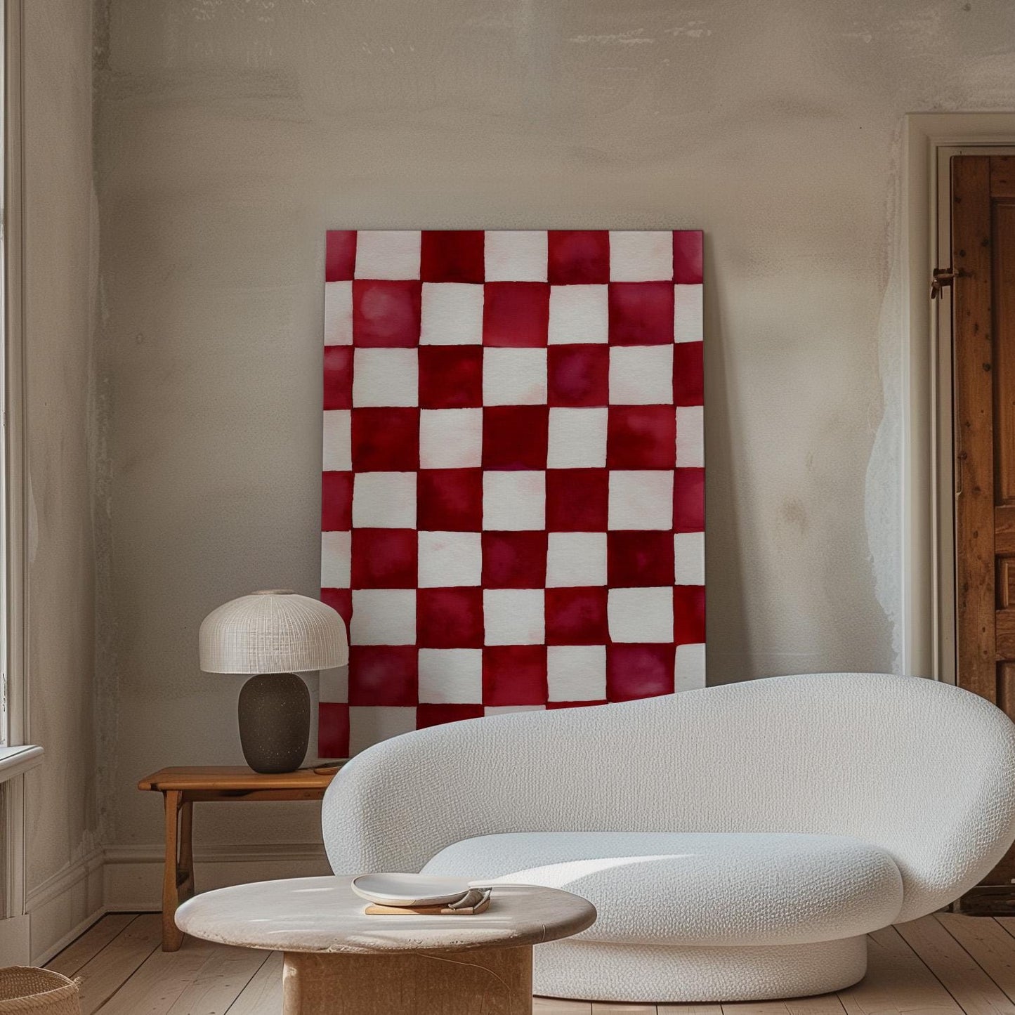Ruby and White Checkered Canvas Art - Modern Minimalist Decor