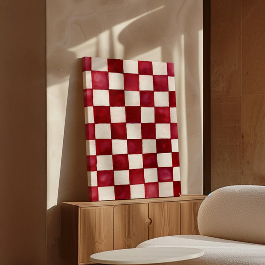 Checkered Canvas Art: Minimalist Ruby and White Giclée Print