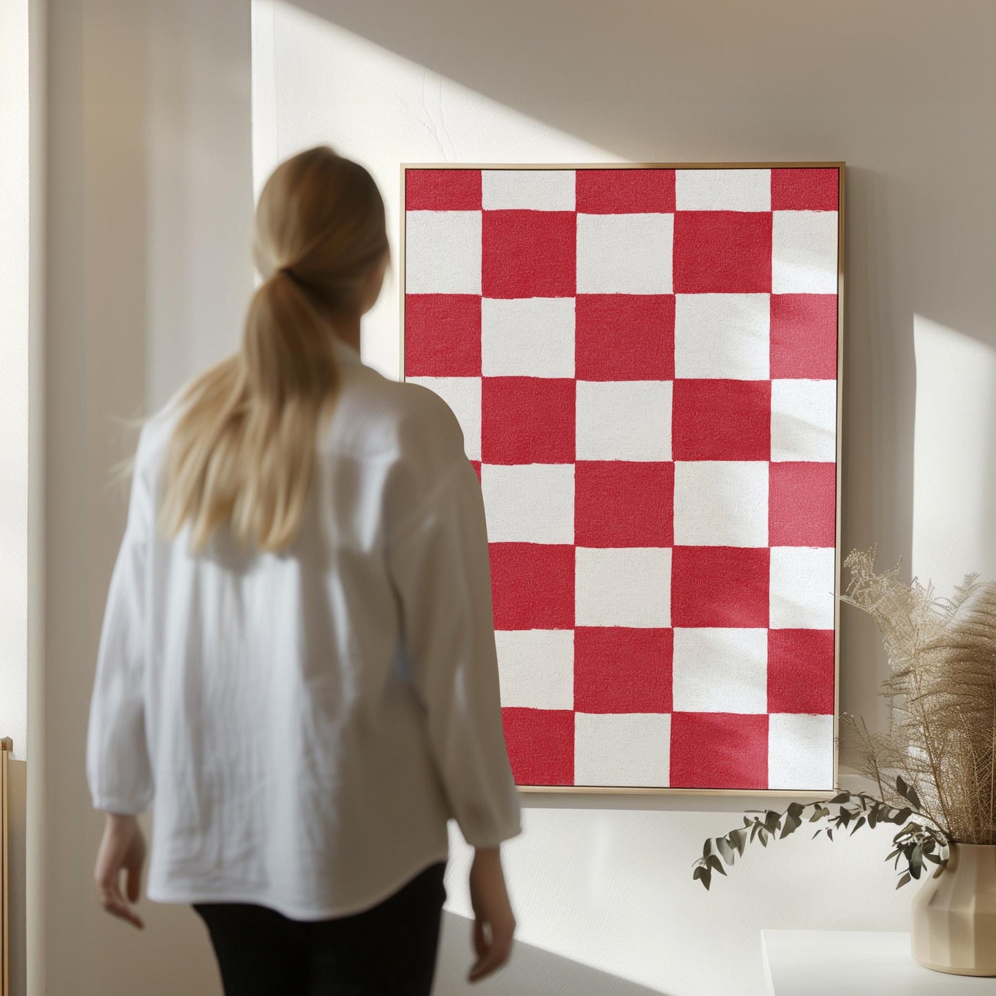 Canvas Wall Art: Red and White Checkered Design - Floating Frame Option