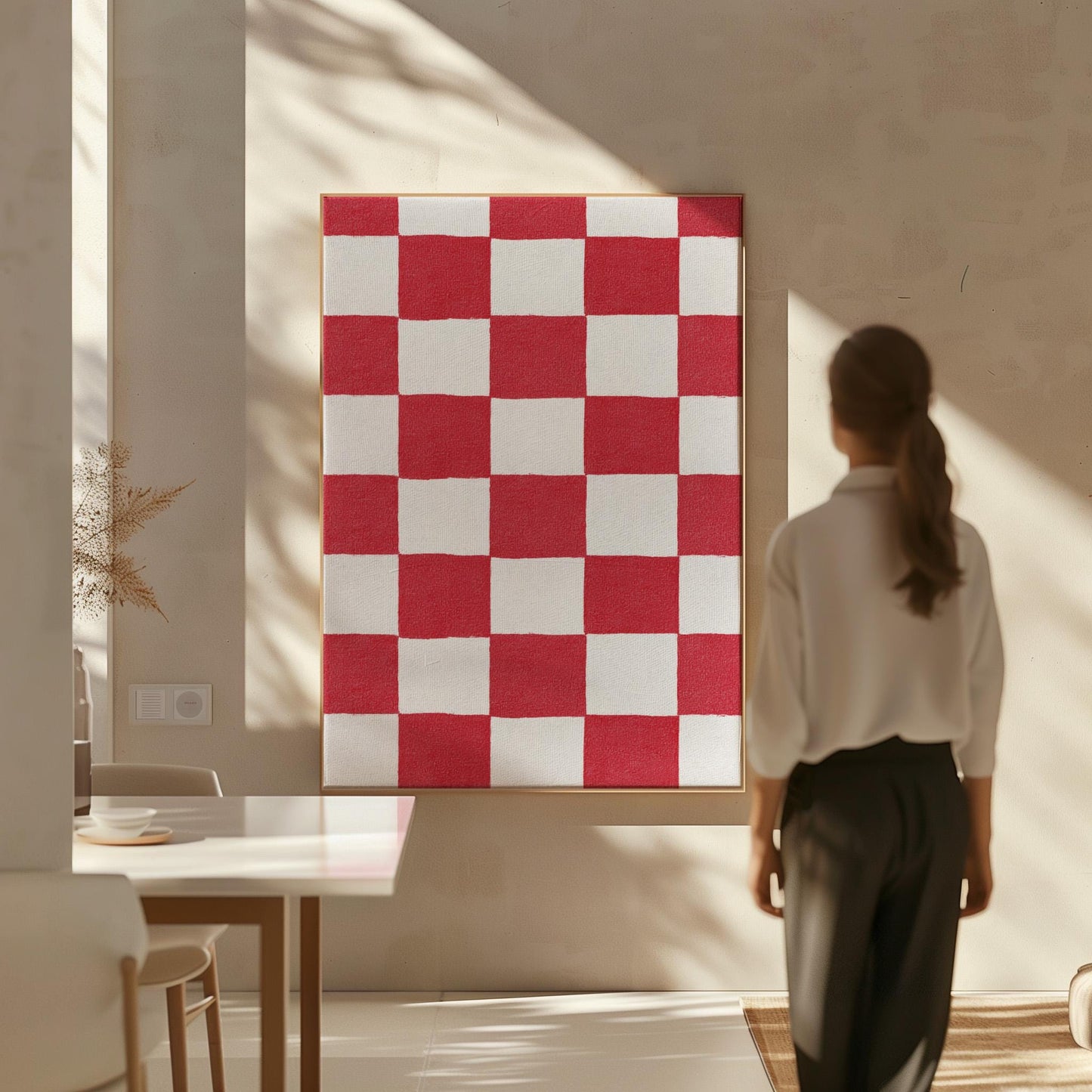 Canvas Wall Art: Red and White Checkered Design - Floating Frame Option