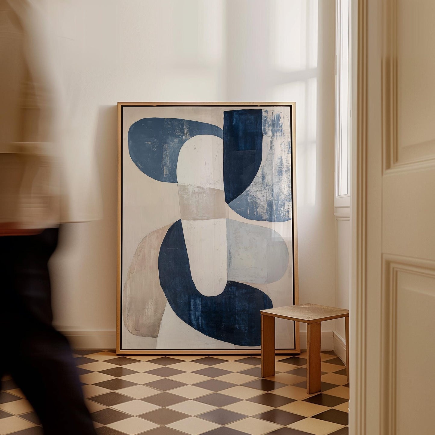 Blue Neutral Abstract Canvas Art with Floating Frame
