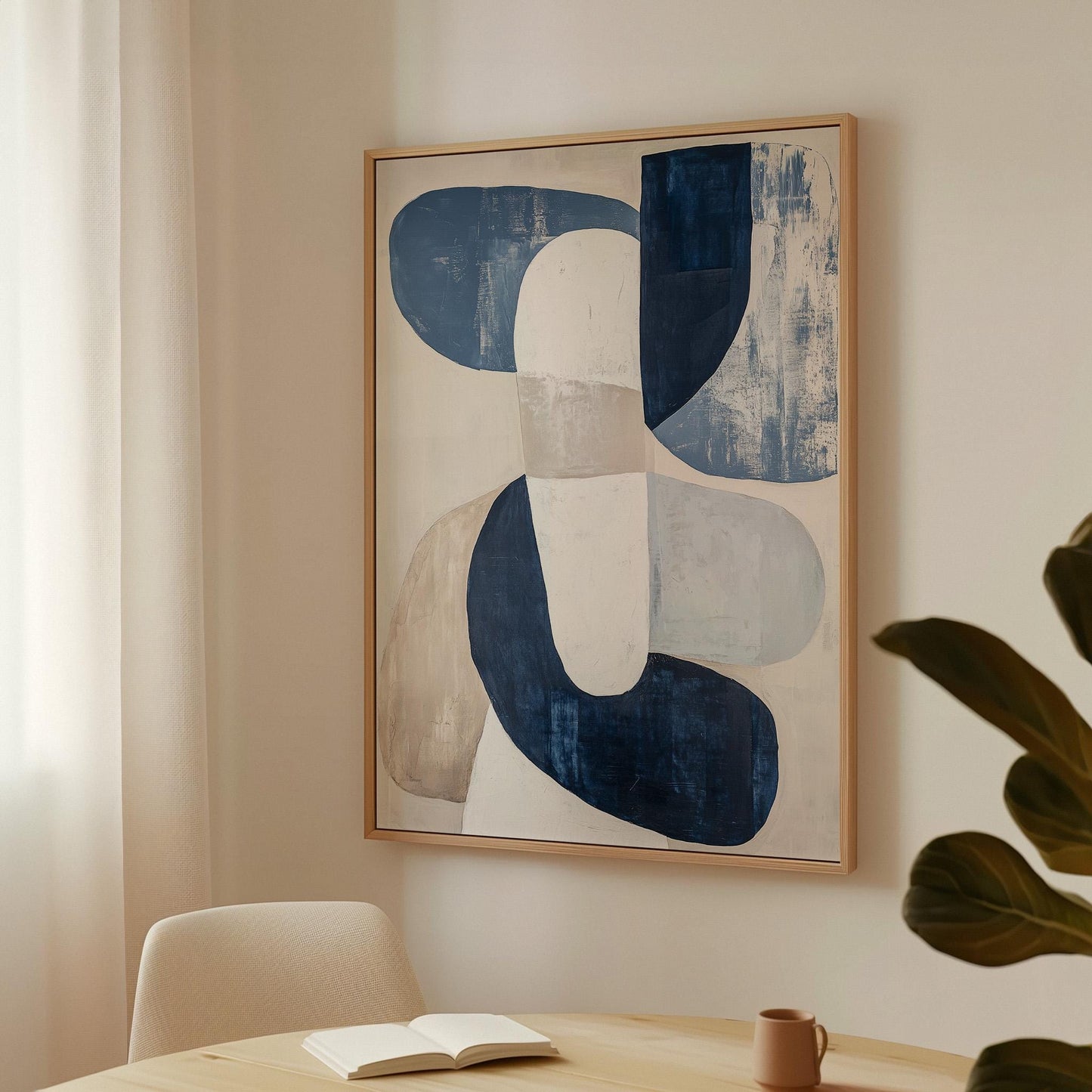 Blue Neutral Abstract Canvas Art with Floating Frame