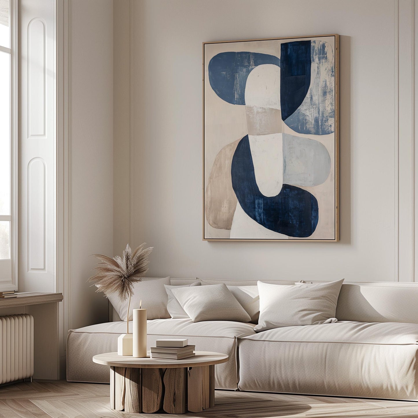 Blue Neutral Abstract Canvas Art with Floating Frame