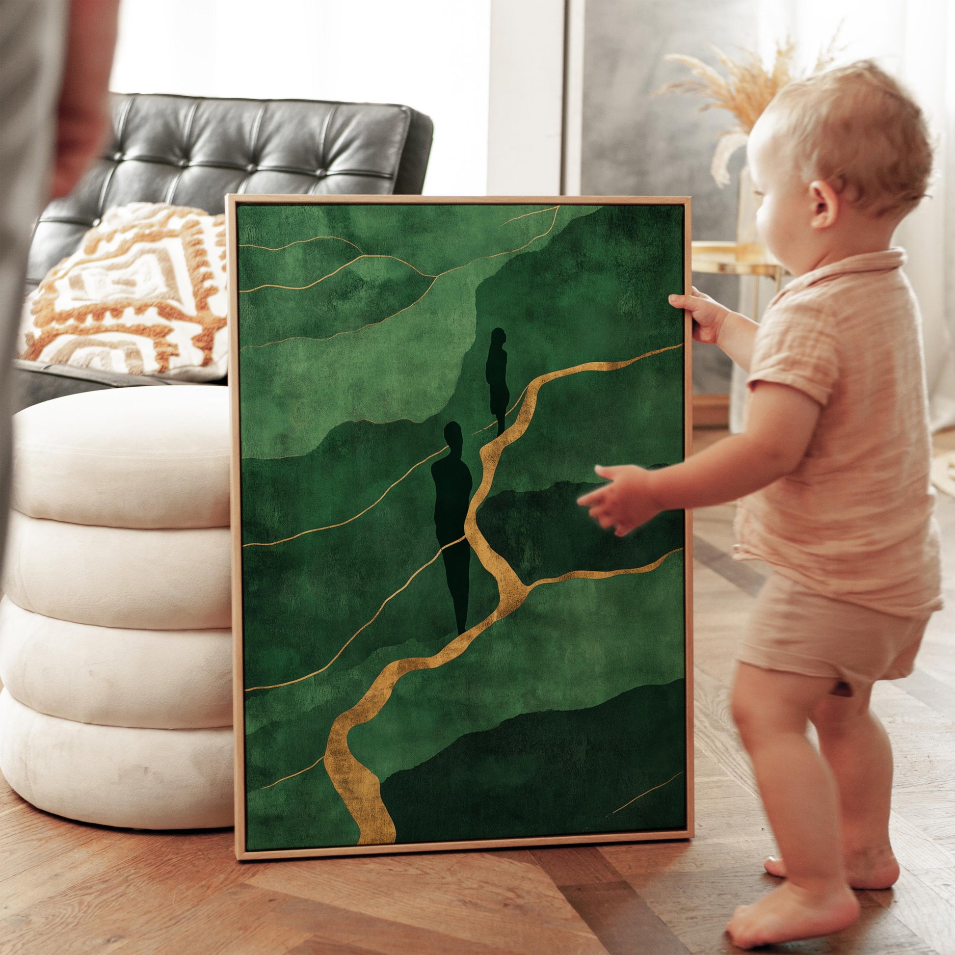 Green Figurative Abstract Canvas with Golden Lines
