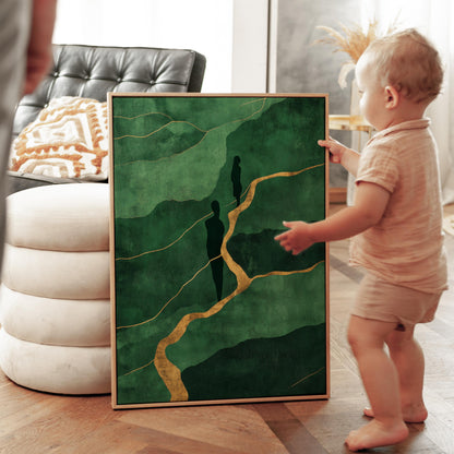 Green Figurative Abstract Canvas with Golden Lines