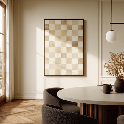 Checkered Canvas Art: Minimalist Beige and White Wall Print