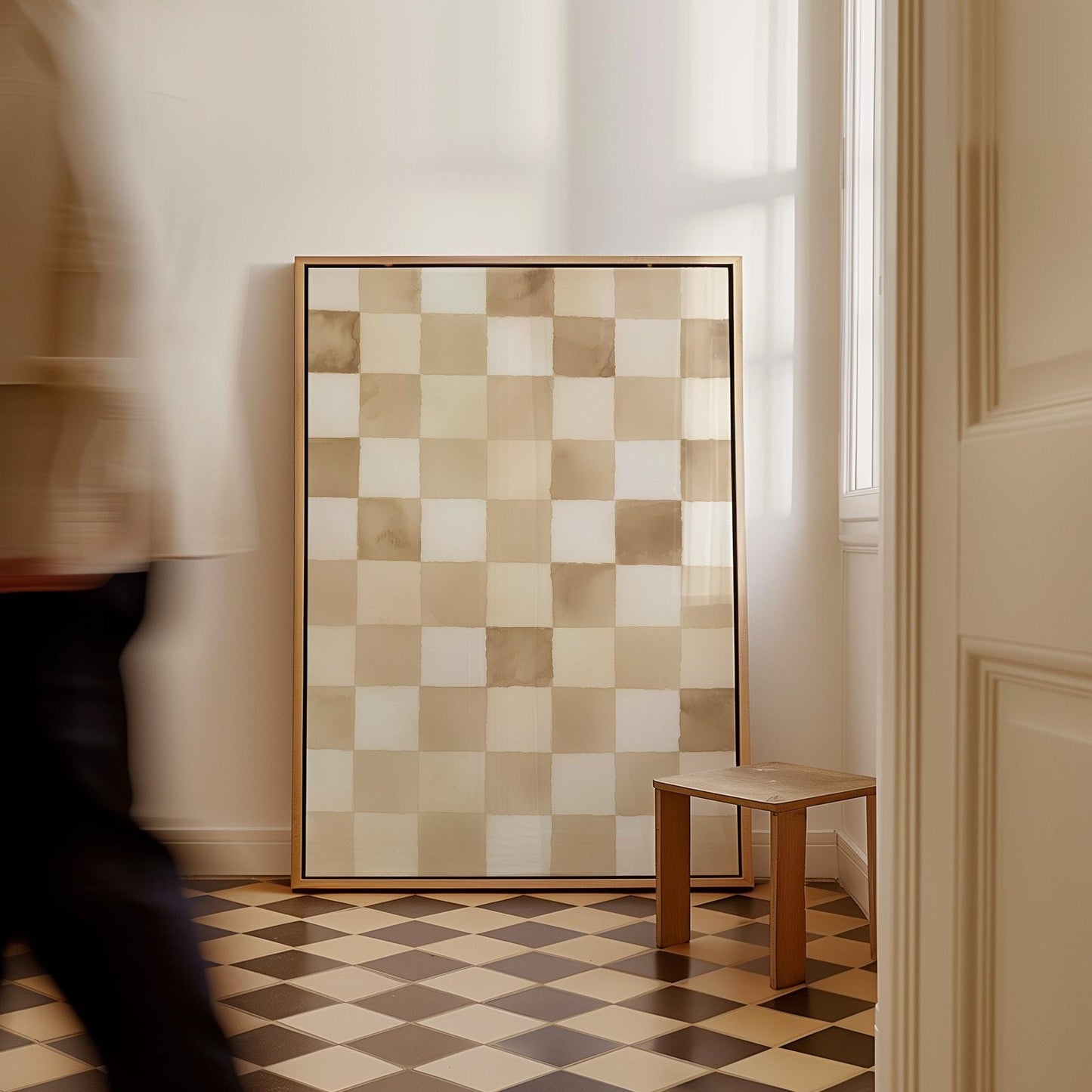 Checkered Canvas Art: Minimalist Beige and White Wall Print