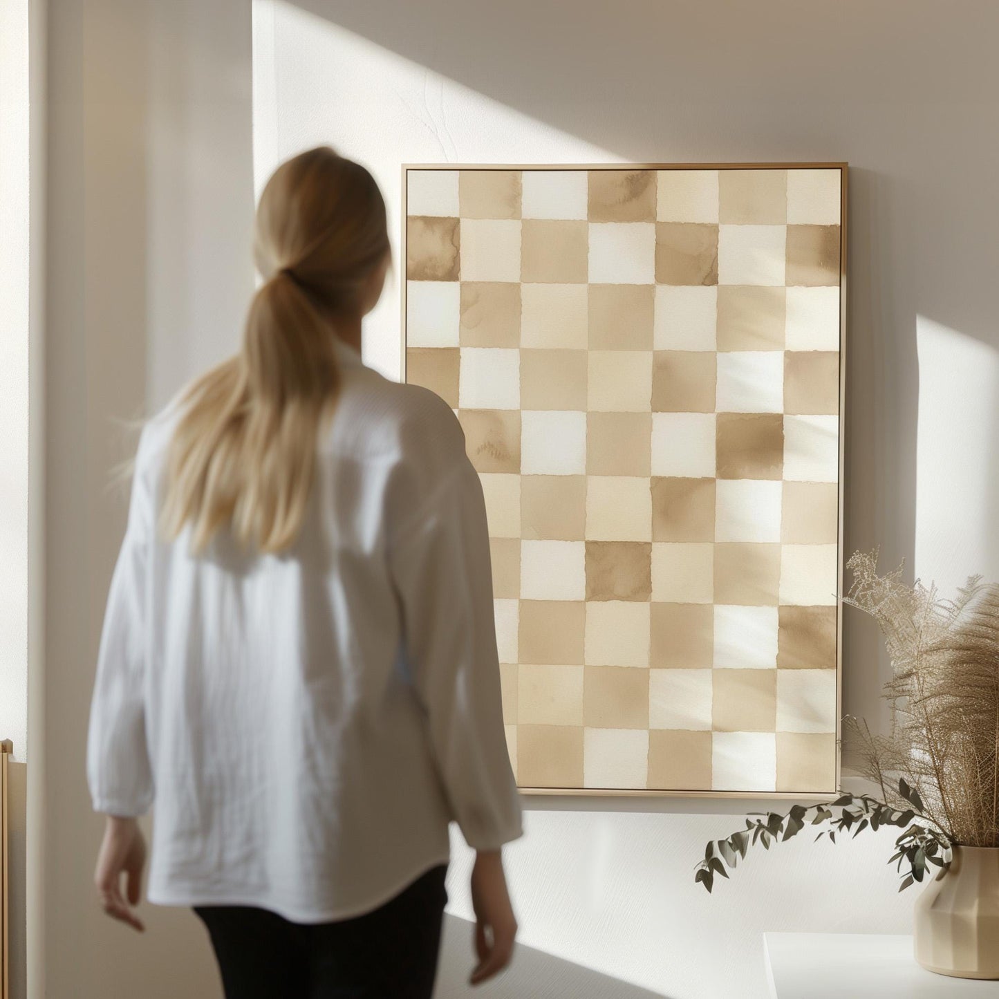 Checkered Canvas Art: Minimalist Beige and White Giclée Print