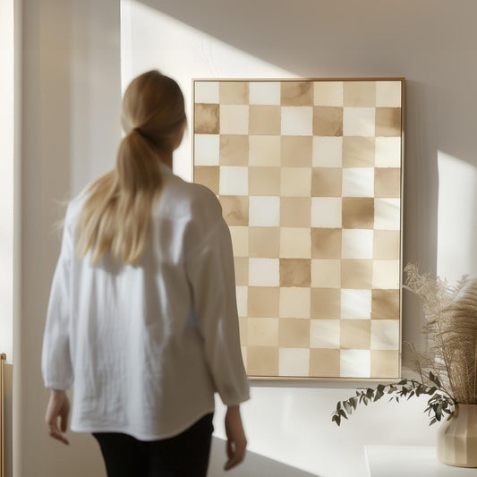 Checkered Canvas Art: Minimalist Beige and White Giclée Print