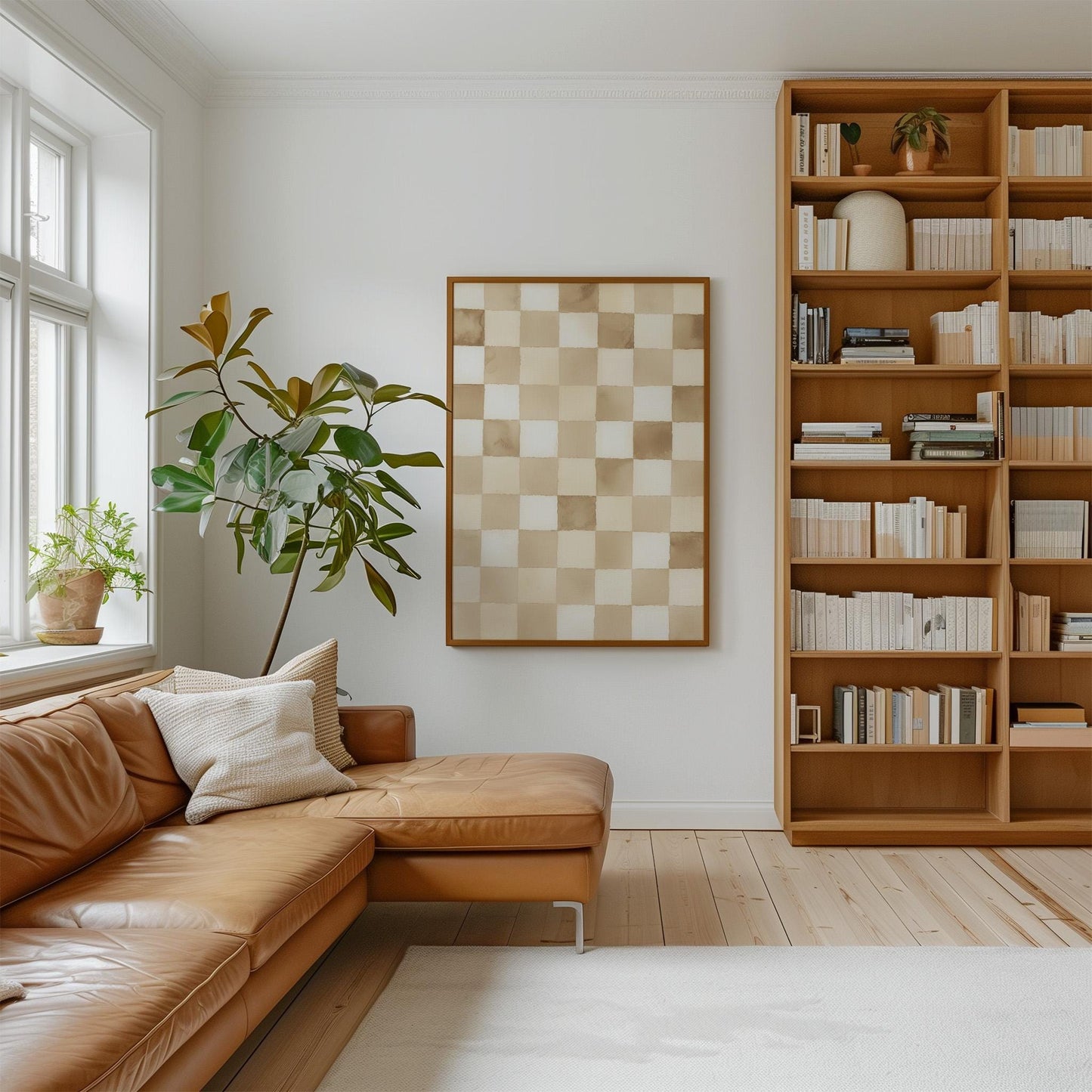 Checkered Canvas Art: Minimalist Beige and White Wall Print