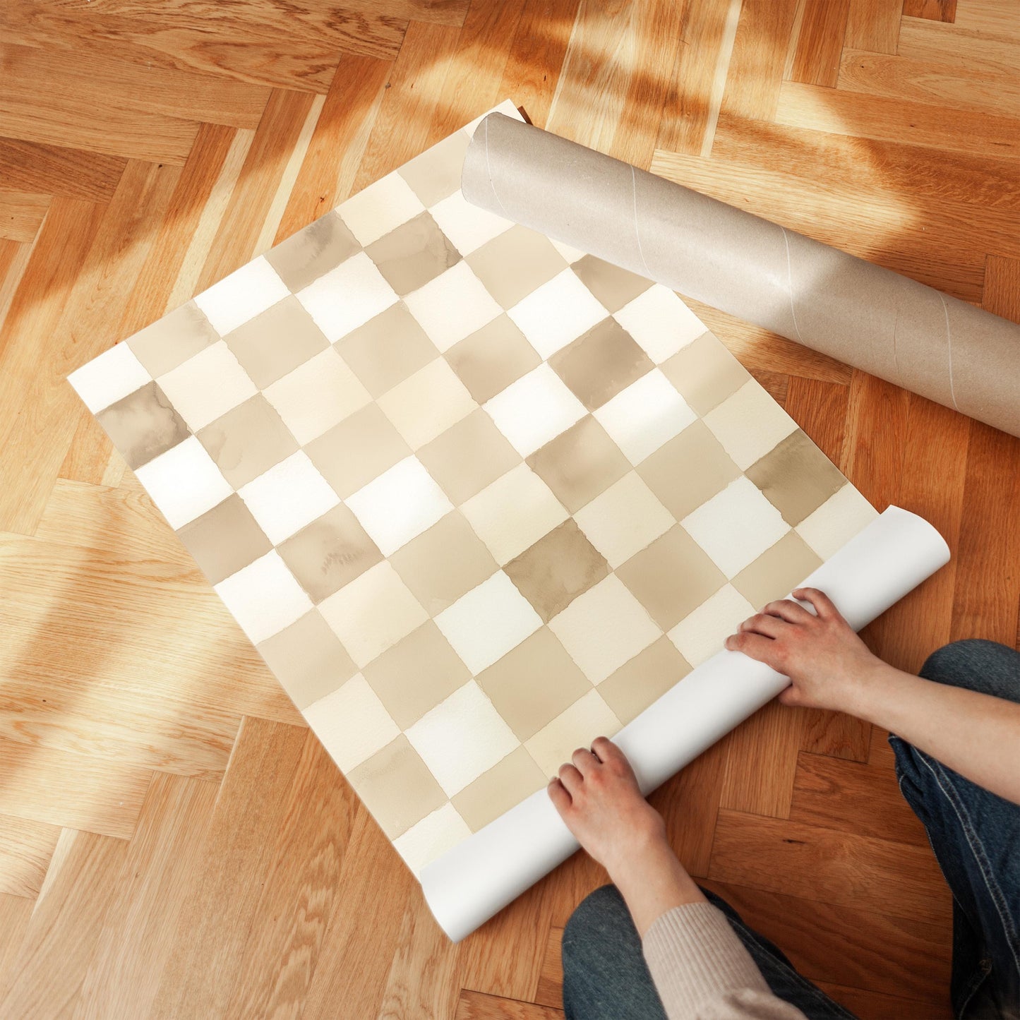 Checkered Canvas Art: Minimalist Beige and White Wall Print