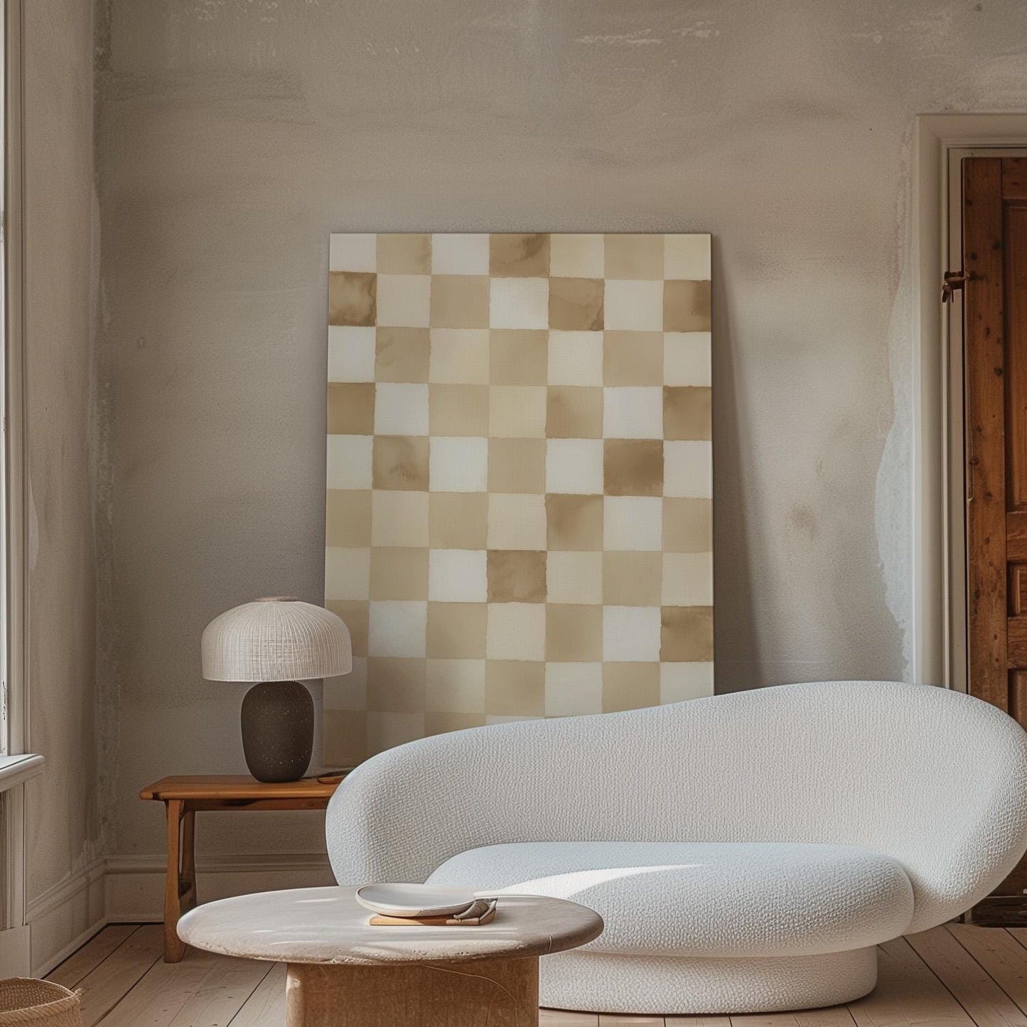 Checkered Canvas Art: Minimalist Beige and White Wall Print