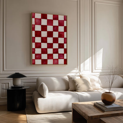 Ruby and White Checkered Canvas Art - Modern Minimalist Decor