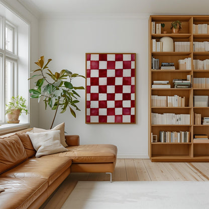 Ruby and White Checkered Canvas Art - Modern Minimalist Decor