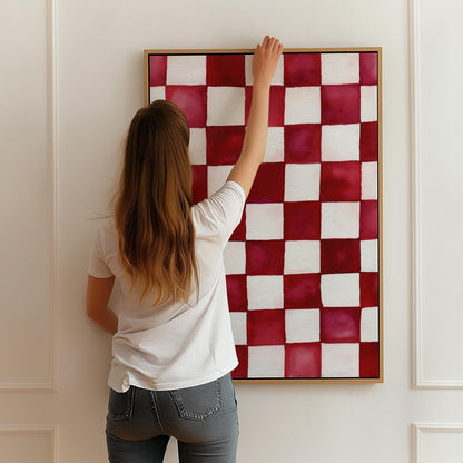 Ruby and White Checkered Canvas Art - Modern Minimalist Decor