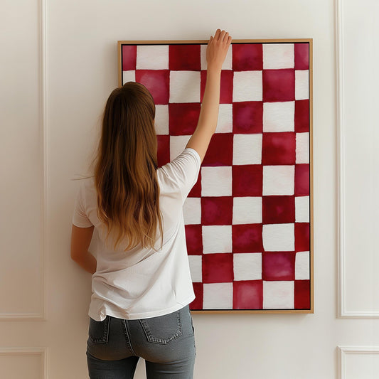 Ruby and White Checkered Canvas Art - Modern Minimalist Decor