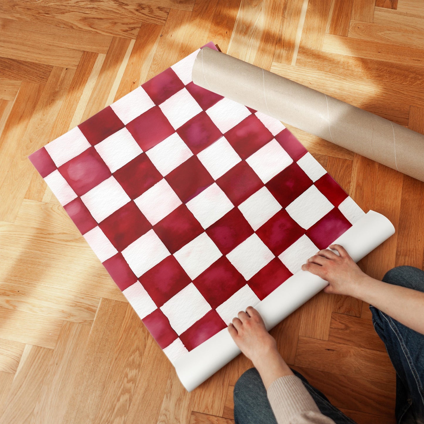 Ruby and White Checkered Canvas Art - Modern Minimalist Decor