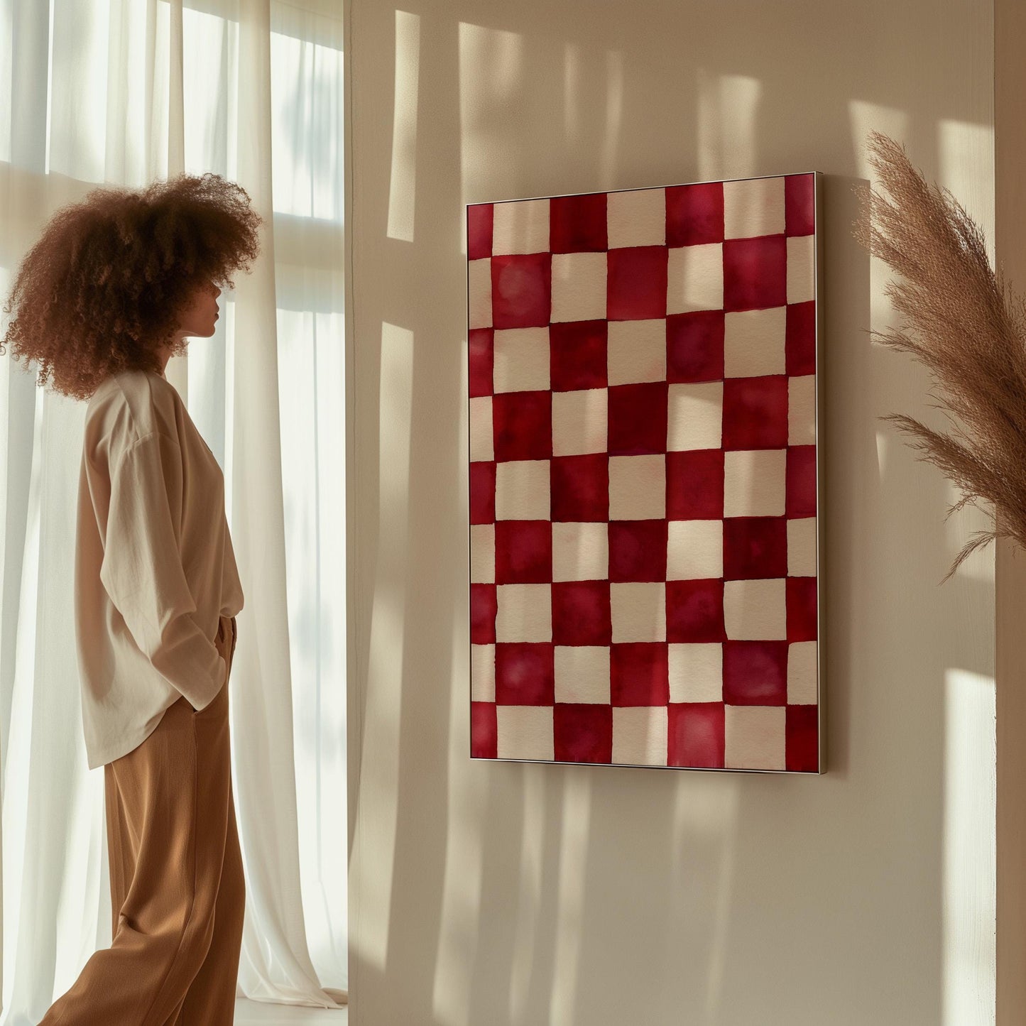 Ruby and White Checkered Canvas Art - Modern Minimalist Decor