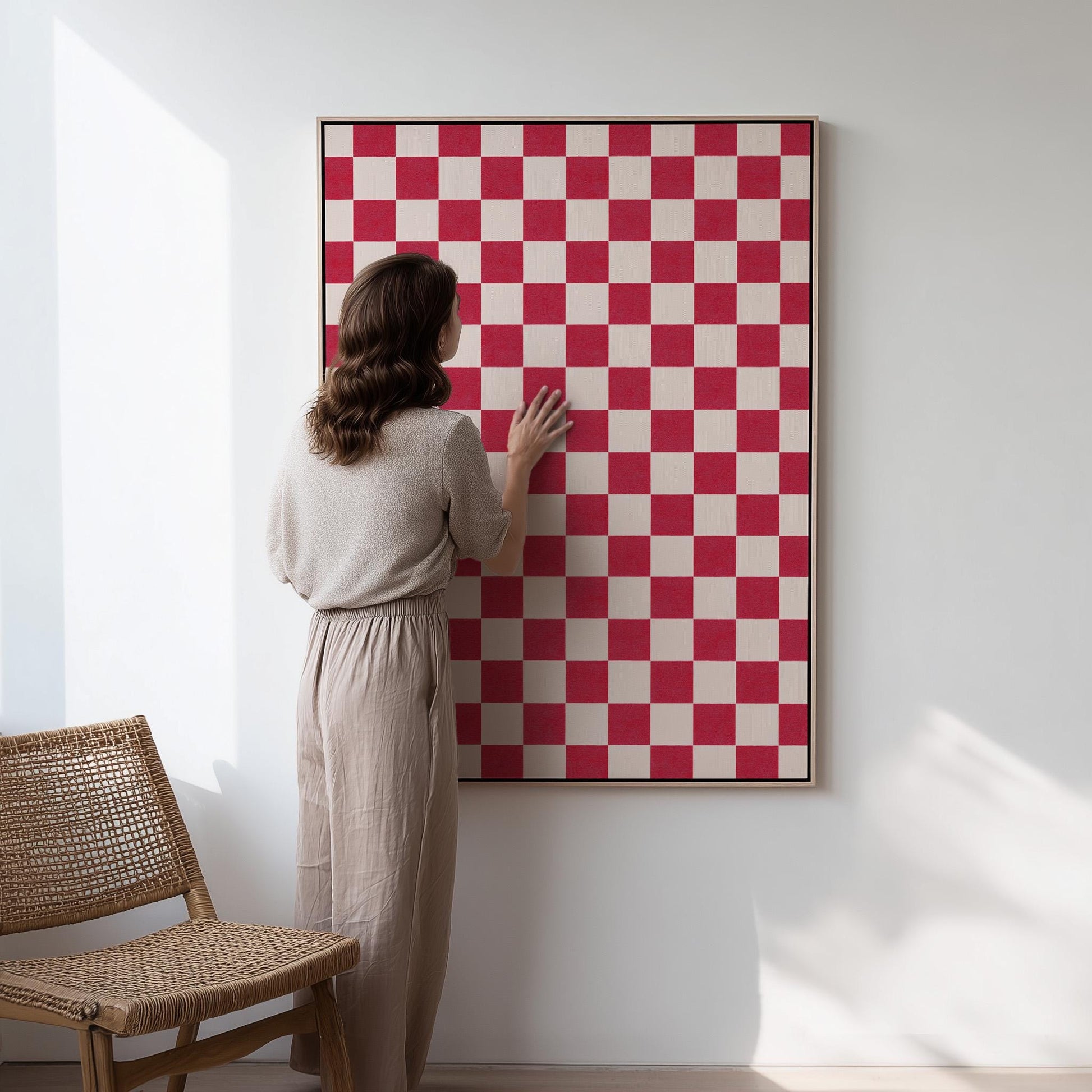 Checkered Canvas Art: Minimalist Ruby and White Giclée Print