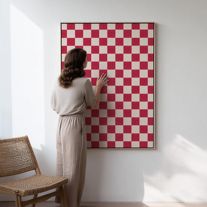 Checkered Canvas Art: Minimalist Ruby and White Giclée Print