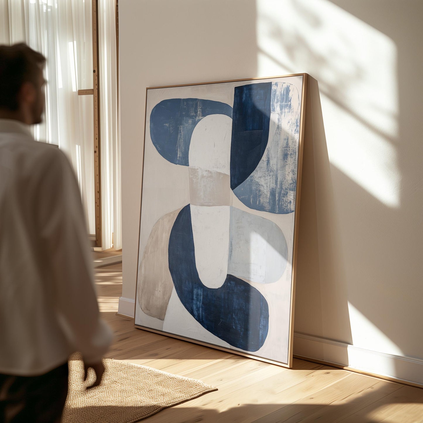 Blue Neutral Abstract Canvas Art with Floating Frame