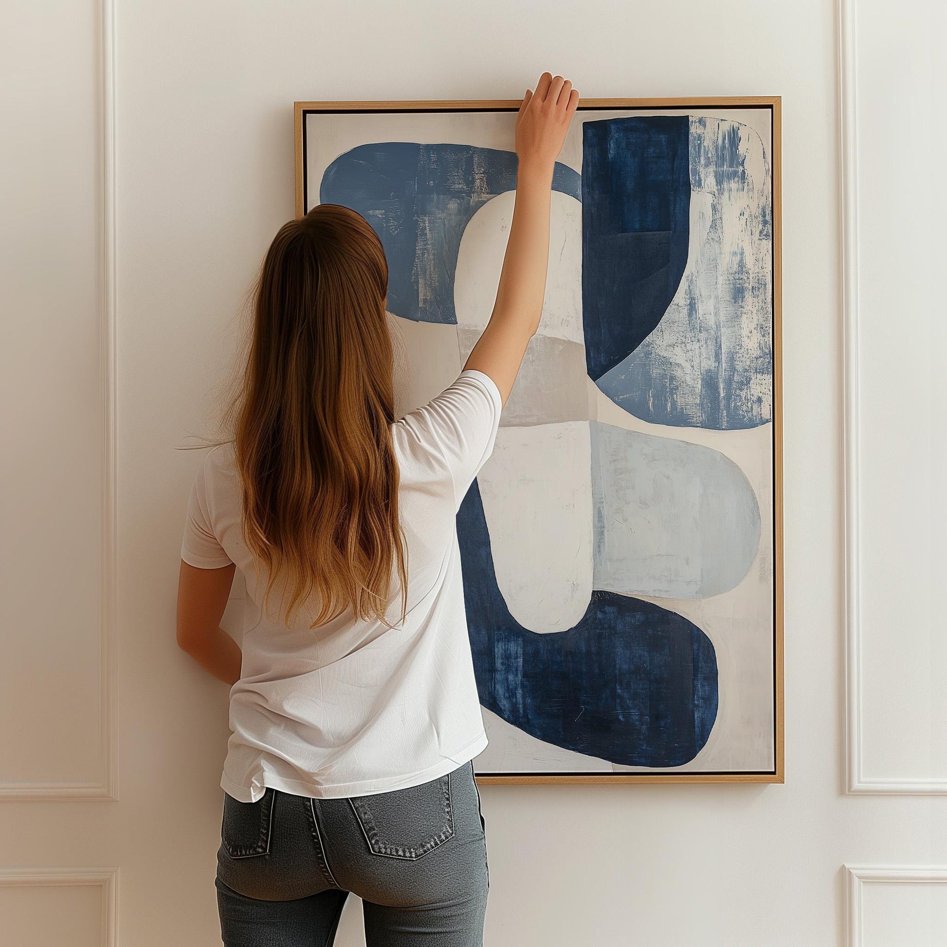 Blue Neutral Abstract Canvas Art with Floating Frame