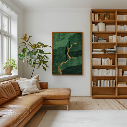 Green Figurative Abstract Canvas with Golden Lines