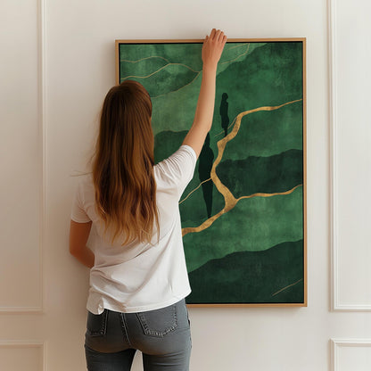 Green Figurative Abstract Canvas with Golden Lines