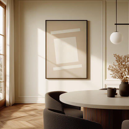 a modern and minimalist dining room with a round table, dark chairs, and a large abstract painting on the wall.