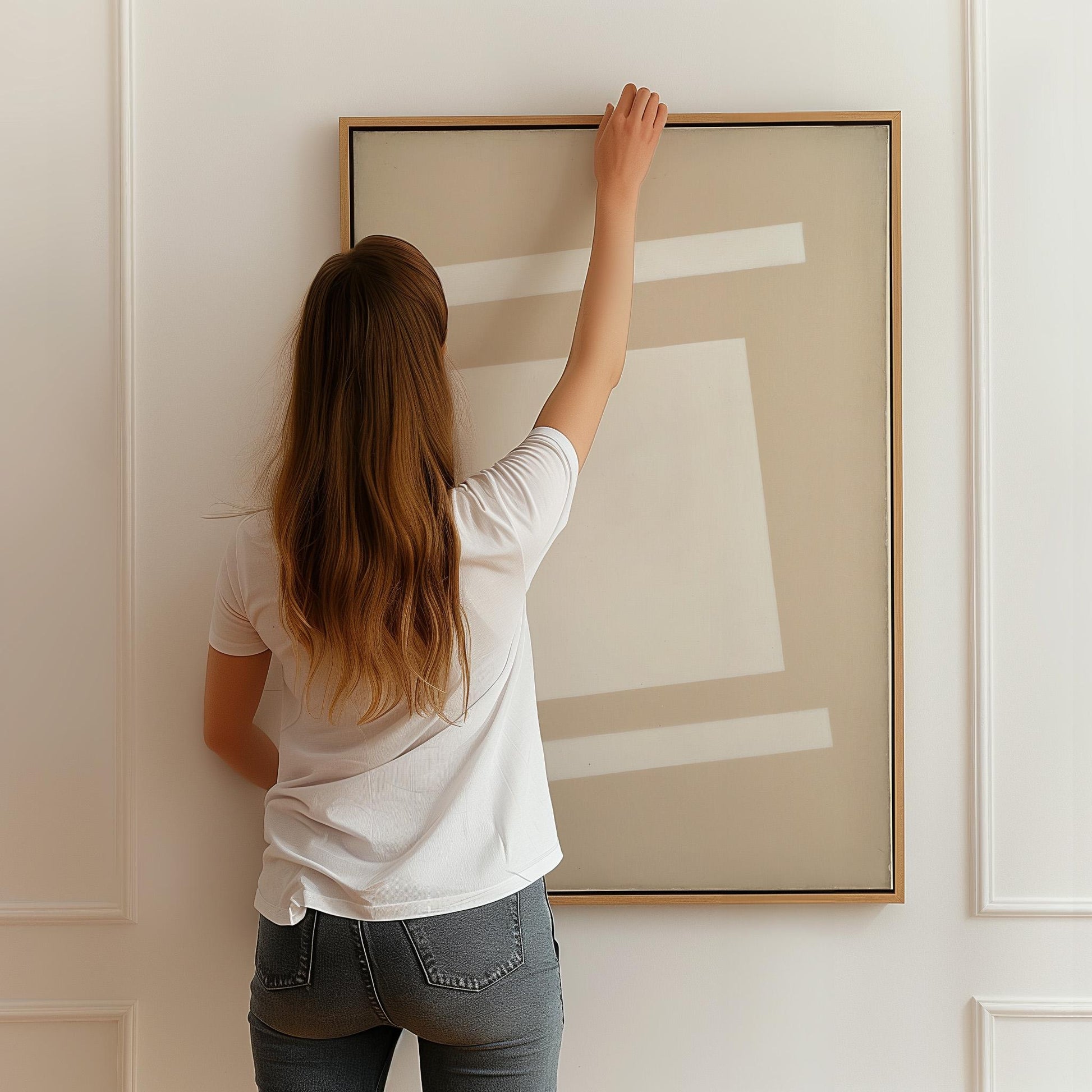 A woman with long brown hair is standing in front of a large picture frame, reaching up to hang it on a white wall.