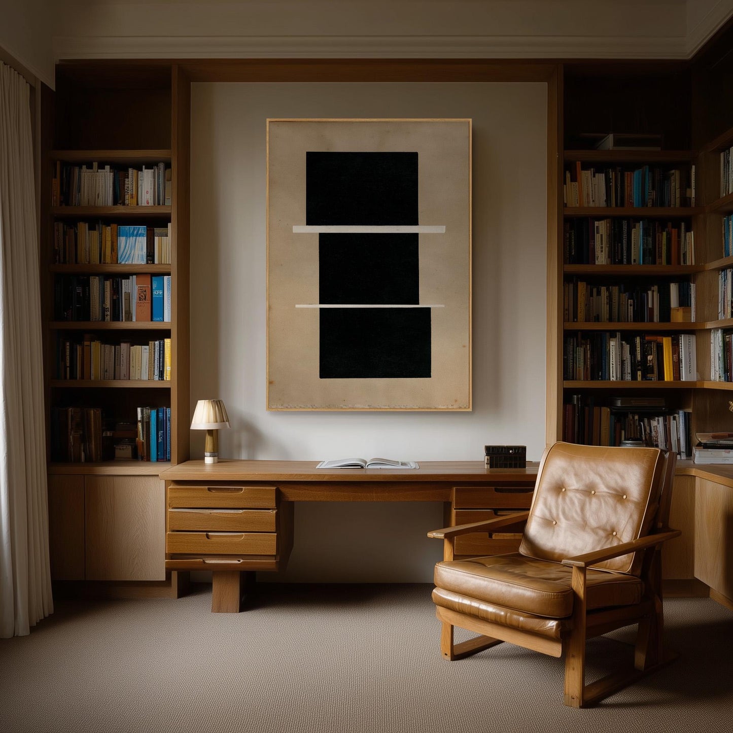 a cozy and well-organized home office with a wooden desk, a leather chair, and a large abstract painting on the wall.