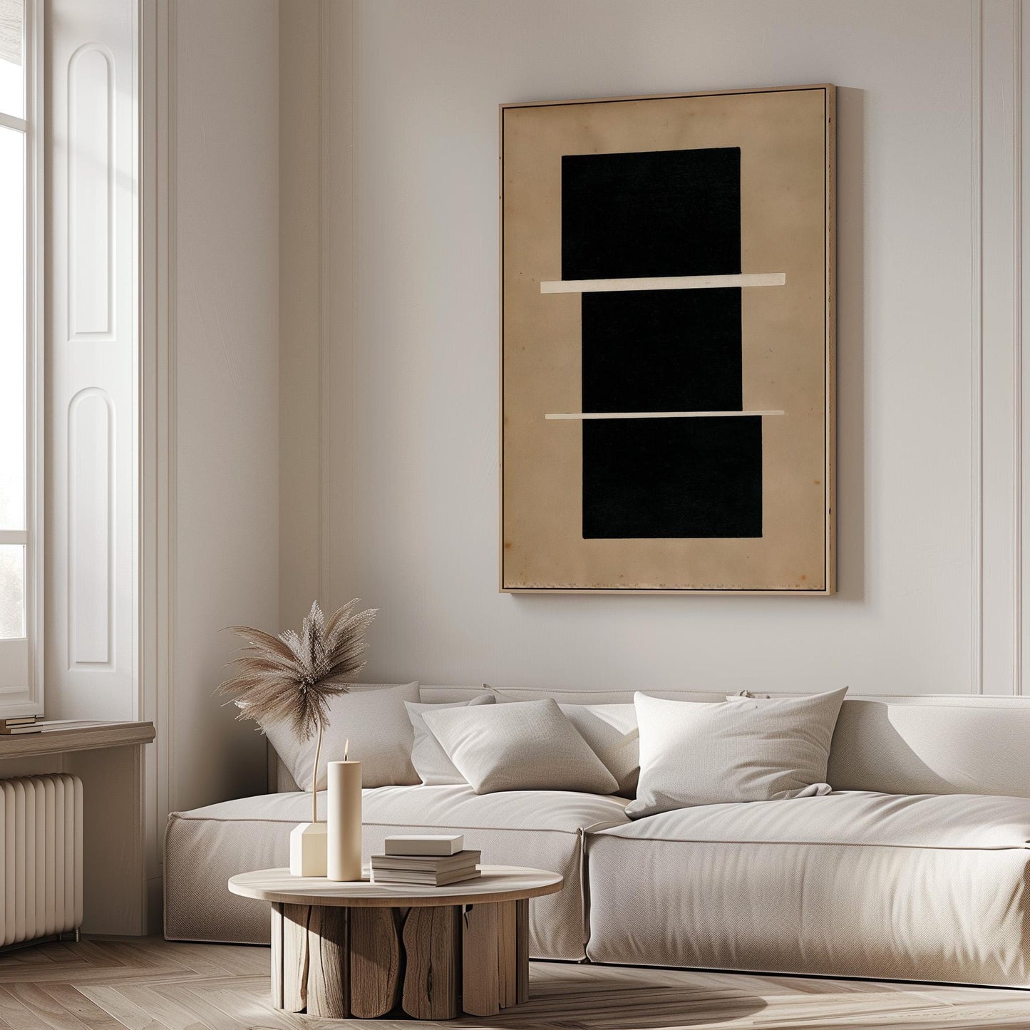 a modern living room with a large abstract painting on the wall, a white sofa, a round wooden coffee table, and a window.