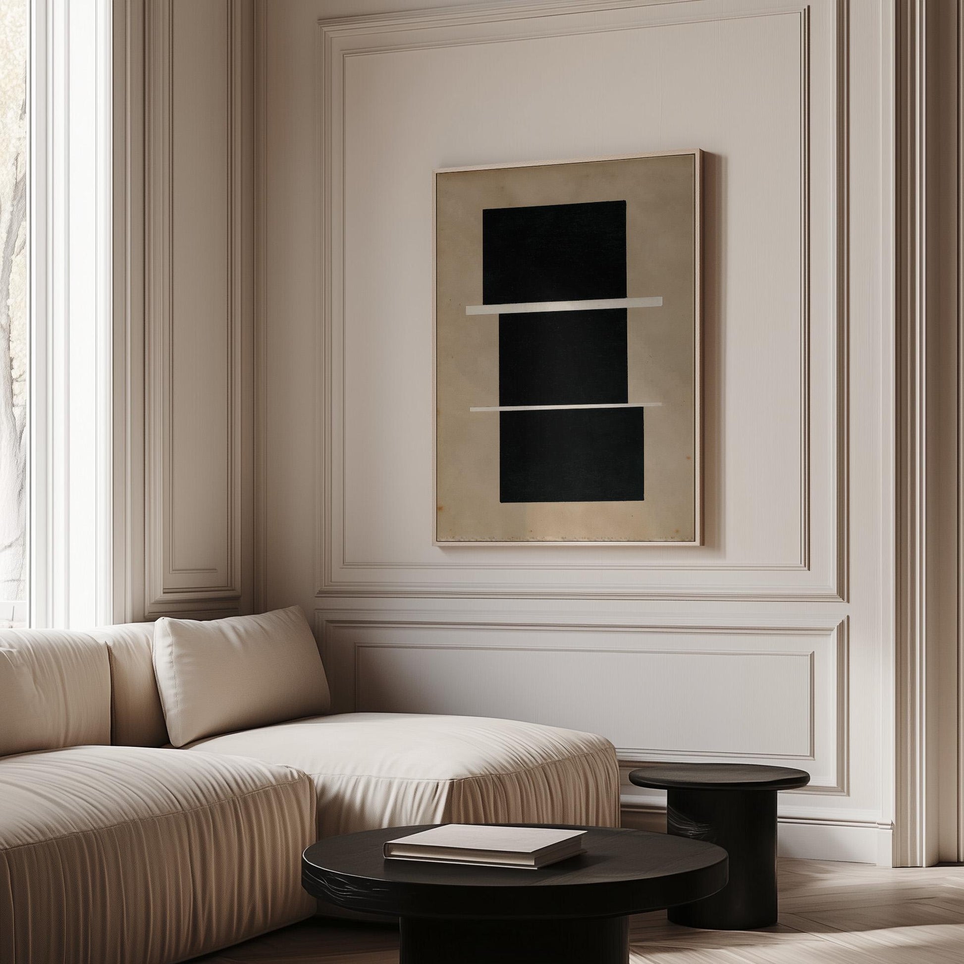 a modern living room with a large window, a white sofa, a black coffee table, and a framed abstract artwork on the wall.