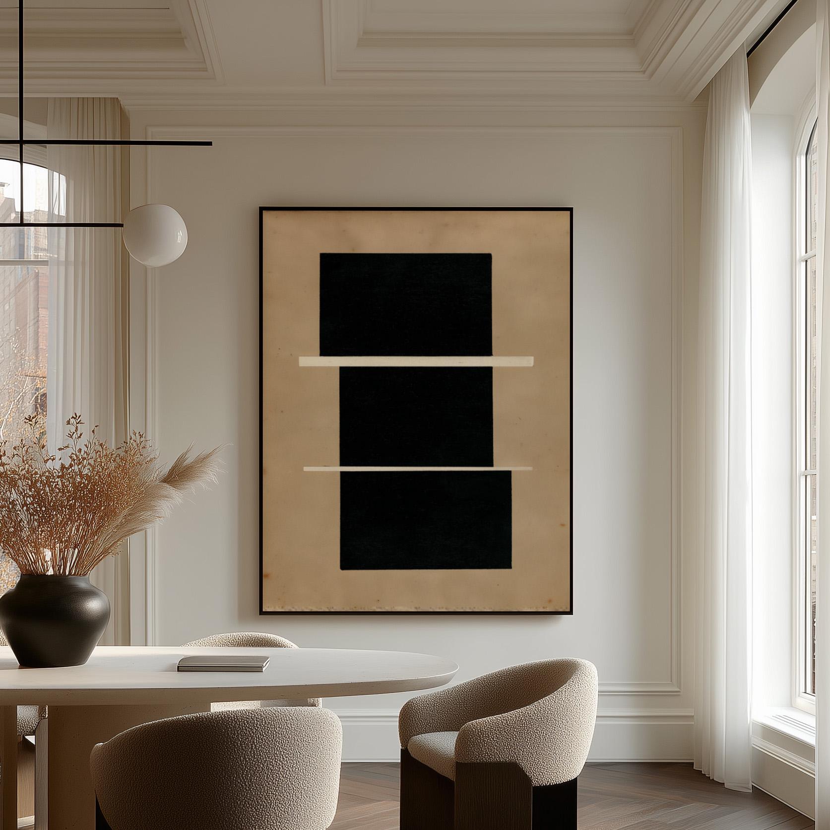 a modern and minimalist dining room with a large abstract painting on the wall, a round white table with two beige chairs, and a large window with white curtains.