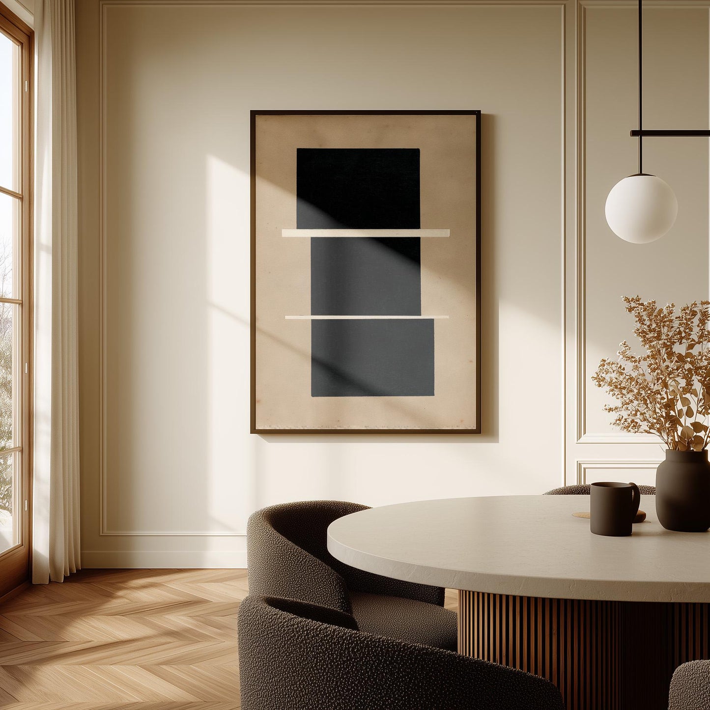 a modern dining room with a round table, two chairs, and a large abstract painting on the wall.