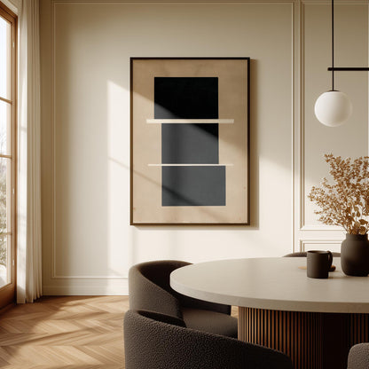 a modern dining room with a round table, two chairs, and a large abstract painting on the wall.
