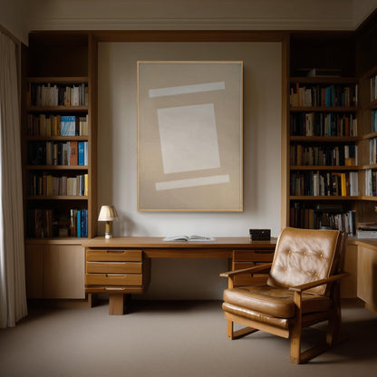 a cozy and well-organized home office with a wooden desk, a comfortable leather chair, and a large abstract painting on the wall.