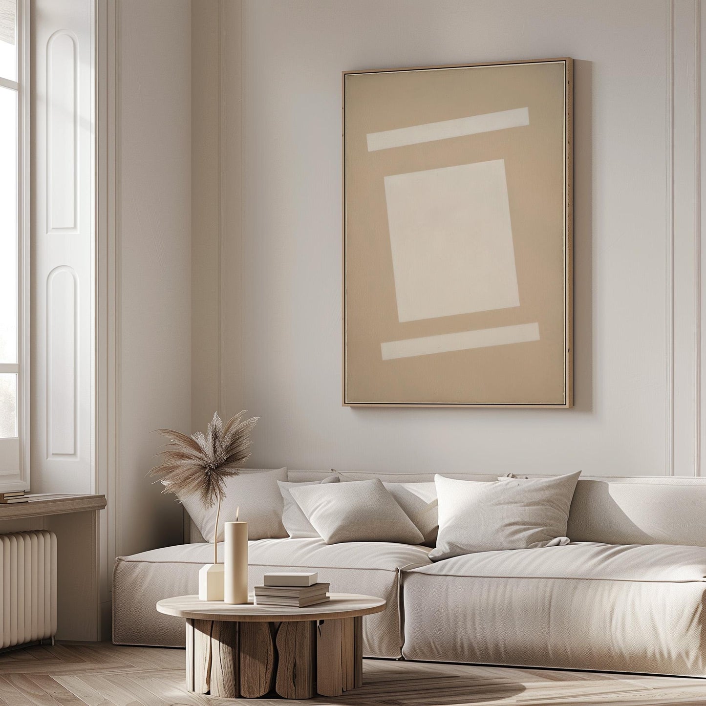 a modern living room with a large abstract painting on the wall, a white sofa, a round wooden coffee table, and a window.