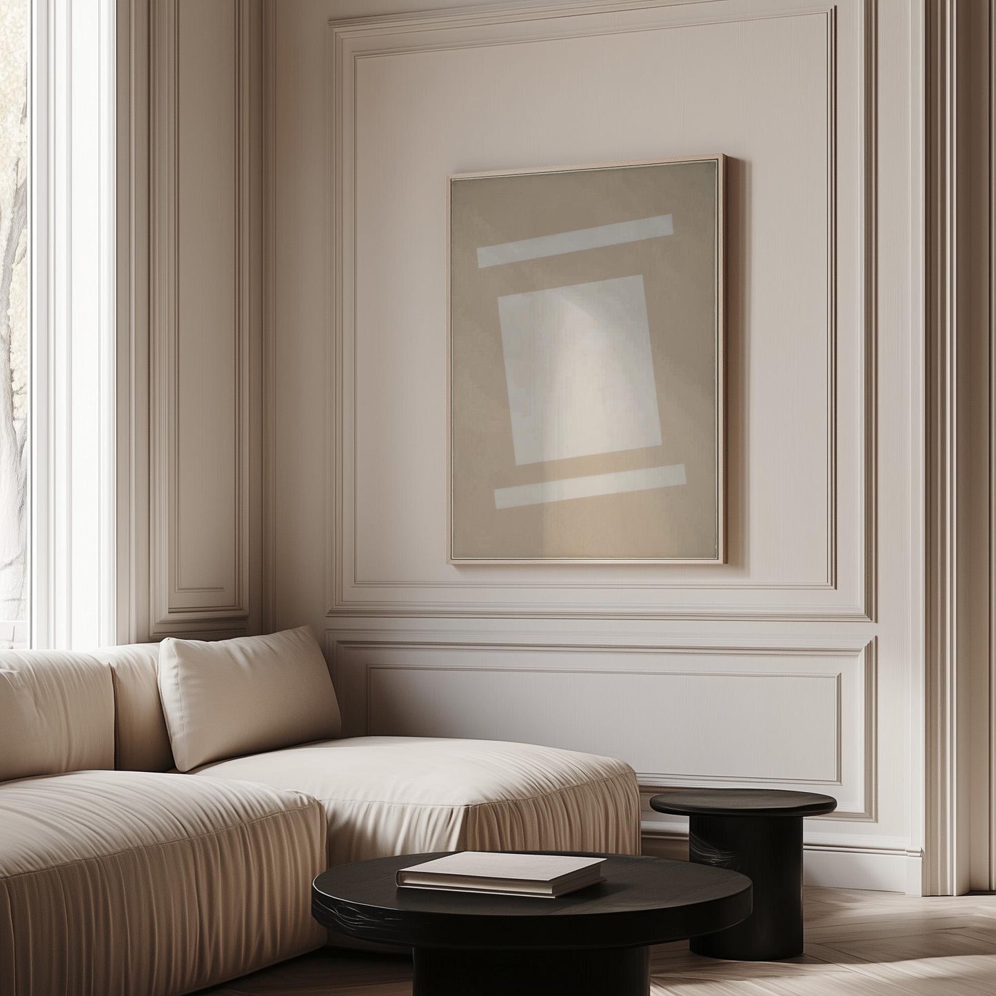 a modern living room with a large window, a white sofa, a black coffee table, and a framed abstract artwork on the wall.