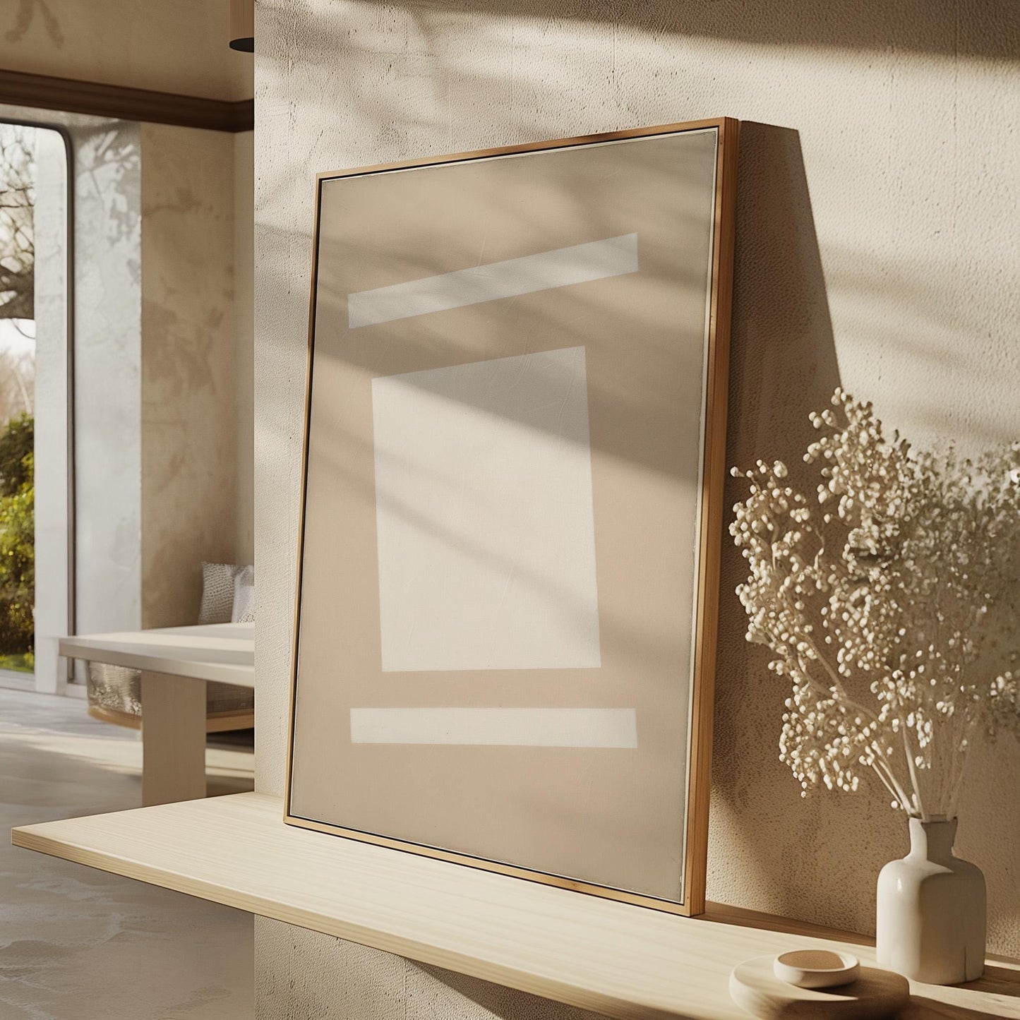 a minimalist interior design with a large abstract painting on a wall, a vase of white flowers, and a wooden shelf with a framed picture.