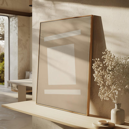 a minimalist interior design with a large abstract painting on a wall, a vase of white flowers, and a wooden shelf with a framed picture.