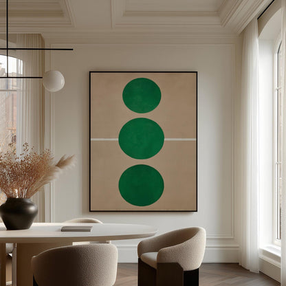 a modern dining room with a large abstract painting on the wall, a round table with two chairs, and a vase of dried flowers on the table.